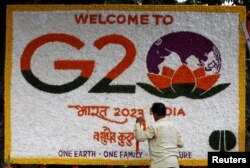 印度新德里街头宣传G20峰会的鲜花装饰画。（2023年9月8日）