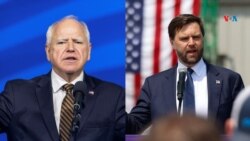 Tim Walz, le gouverneur démocrate du Minnesota et JD Vance, sénateur républicain de l'Ohio, lors de leur débat télévisé le 1er octobre à New York. 