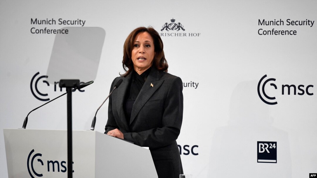 U.S. Vice President Kamala Harris addresses participants at the Munich Security Conference in Munich, Germany on Feb. 18, 2023.