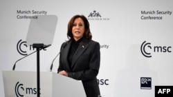 U.S. Vice President Kamala Harris addresses participants at the Munich Security Conference in Munich, Germany on Feb. 18, 2023.