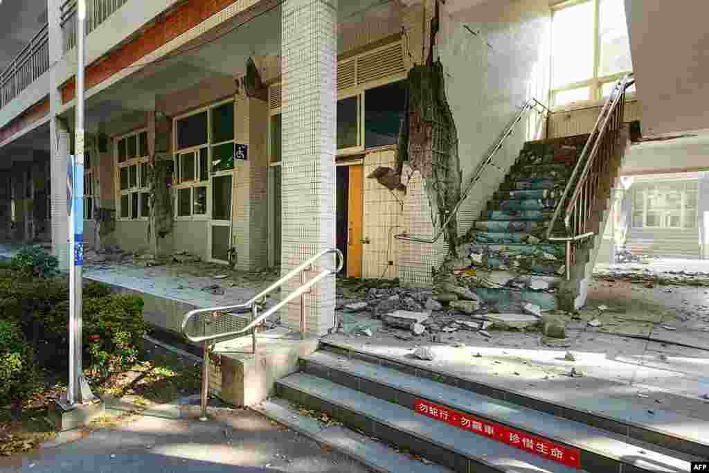 This UGC handout from a user known as Xiaohe shows damage to a building in the National Hualien Girls&#39; High School in Hualien on April 3, 2024, after a major earthquake hit Taiwan&#39;s east.
