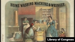 FILE - The print shows an interior view of a kitchen with a woman using a washing machine with a clothes wringer from the Library of Congress Prints and Photographs Division Washington, D.C. (Courtesy of Library of Congress)
