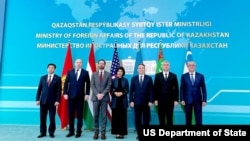 FILE - Special representatives on Afghanistan from Kazakhstan, Kyrgyzstan, Tajikistan, Turkmenistan, and Uzbekistan discuss joint efforts to support the Afghan people, in Astana, July 27, 2023. (U.S. State Department)