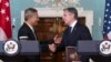 Secretary of State Antony Blinken, right, shakes hands with Singapore's Foreign Minister Vivian Balakrishnan, after a news conference at the State Department, Friday, June 16, 2023, in Washington. (AP Photo/Jacquelyn Martin)
