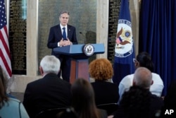 Secretary of State Antony Blinken speaks at an American Foreign Service Association memorial plaque ceremony, Friday, May 5, 2023, at the U.S. State Department in Washington.
