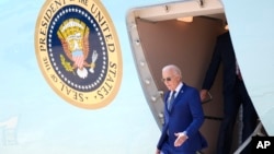 President Joe Biden arrives on Air Force One at Austin-Bergstrom International Airport, July 29, 2024, in Austin. Biden is attending an event at the Lyndon B. Johnson Presidential Library and Museum commemorating the 60th anniversary of the country’s Civil Rights Act.