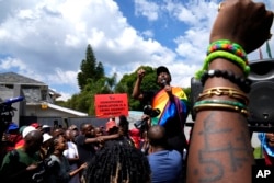 FILE - The Economic Freedom Fighters leader Julius Malema speaks during a picket against Uganda's anti-homosexuality bill at the Ugandan High Commission in Pretoria, South Africa, on April 4, 2023.