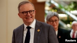 Australian Prime Minister Anthony Albanese along with the Australian Foreign Minister Penny Wong smile during the 43rd ASEAN Summit in Jakarta, Indonesia, Sept. 6, 2023.