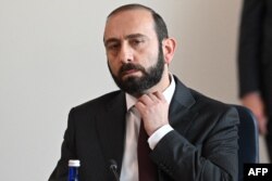 Armenian Foreign Minister Ararat Mirzoyan looks on during the bilateral peace negotiation closing session with Azerbaijan, in Arlington, Virginia, May 4, 2023.