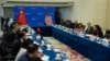 U.S. Commerce Secretary Gina Raimondo, right, speaks during a meeting with her Chinese counterpart Wang Wentao, left, at the Ministry of Commerce in Beijing, Aug. 28, 2023.