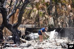 Seorang perempuan memeriksa puing-puing rumahnya yang terbakar oleh karhutla di Lahaina, Hawaii, Jumat, 11 Agustus 2023. (Foto: Rick Bowmer/AP)