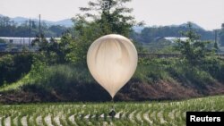 FILE - A balloon believed to have been sent by North Korea, carrying what appeared to be trash and excrement, is seen over a field at Cheorwon, South Korea, May 29, 2024. The military in Seoul said on Aug. 10 that the North is again flying trash balloons. (Yonhap via Reuters)