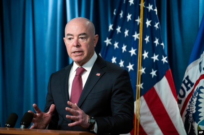 FILE - Secretary of Homeland Security Alejandro Mayorkas speaks at a news conference on Wednesday, May 10, 2023, ahead of the lifting of Title 42. (AP Photo/Kevin Wolf)