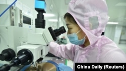 中国江苏省宿迁市一家半导体芯片公司的工人在生产线上检查晶圆。（2023年2月28日）