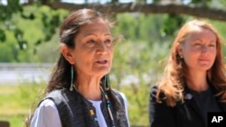 US Interior Secretary Deb Haaland talks about the importance of water for arid states in the Western US, during a news conference in Albuquerque, NM, May 10, 2024.