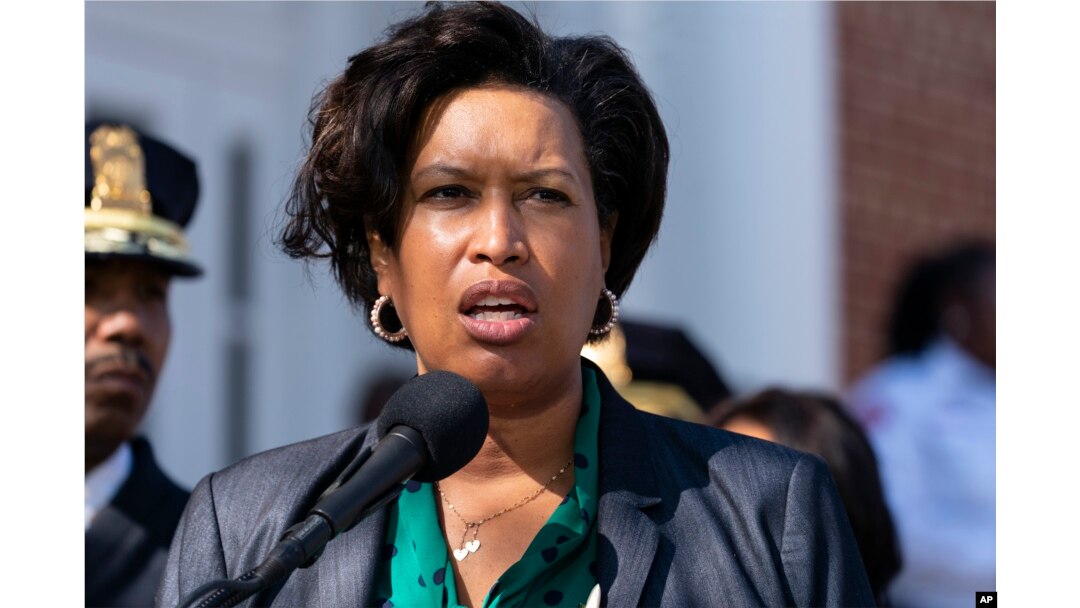 FILE - District of Columbia Mayor Muriel Bowser speaks during a news conference about the arrest of a suspect in a recent string of attacks on homeless people, March 15, 2022, in Washington.