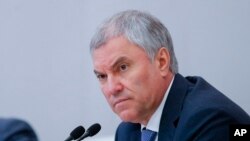 FILE - Vyacheslav Volodin, speaker of the lower house of the Russian parliament, is pictured at the parliament in Moscow, May 16, 2023.
