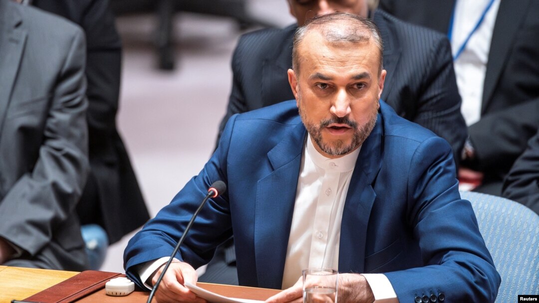 Iran's Foreign Minister Hossein Amirabdollahian speaks to members of Security Council during a meeting to address the situation in the Middle East, at U.N. headquarters in New York City, New York, April 18, 2024.