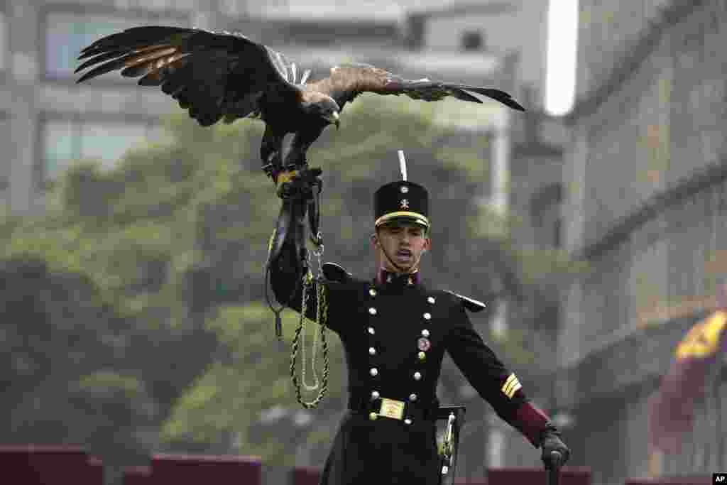 A cadet of the Heroic Military Academy with the academy mascot, a golden eagle, takes part in the annual Independence Day military parade in the capital's main square, the Zocalo, in Mexico City, Sept. 16, 2023. 