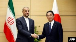 Menteri Luar Negeri Iran Hossein Amirabdollahian (kiri) bertemu dengan Perdana Menteri Jepang Fumio Kishida di kediaman resmi Kishida di Tokyo, 7 Agustus 2023. (Foto: ISSEI KATO / POOL / AFP)