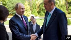 El presidente ruso Vladimir Putin, izquierda, saluda al presidente turco, Recep Tayyip Erdogan, a su llegada al centro turístico ruso de Sochi, en el Mar Negro, Rusia, el lunes 4 de septiembre de 2023. (Alexei Nikolsky, Sputnik, Kremlin Pool Photo vía AP)