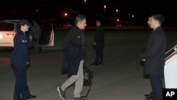 U.S. Secretary of State Antony Blinken boards his airplane at Joint Base Andrews in Maryland on Feb. 26, 2023, as he departs for travel to Kazakhstan, Uzbekistan, and India. 