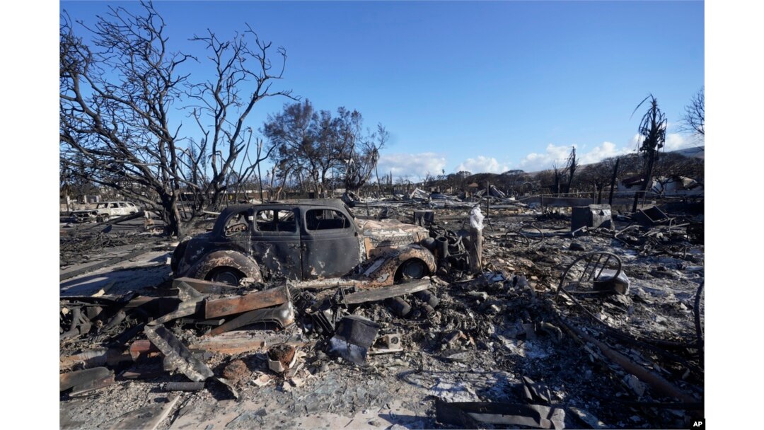 Kerusakan akibat kebakaran hutan pada Sabtu, 12 Agustus 2023, di Lahaina, Hawaii. (Foto/Rick Bowmer)