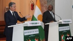 U.S. Secretary of State Antony Blinken, left, speaks during a joint press conference with Nigerien Foreign Minister Hassoumi Massoudou at the presidential palace in Niamey, Niger, on March 16, 2023.