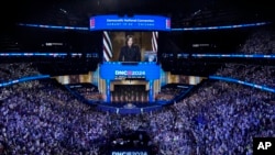 Democratic presidential nominee Vice President Kamala Harris speaks during the Democratic National Convention, Aug. 22, 2024, in Chicago.