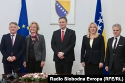 Generalna direktorica za Evropu pri Službi EU za vanjske poslove Angelina Eichhorst tokom susreta sa članovima Predsjedništva BiH, 6. februar 2024.