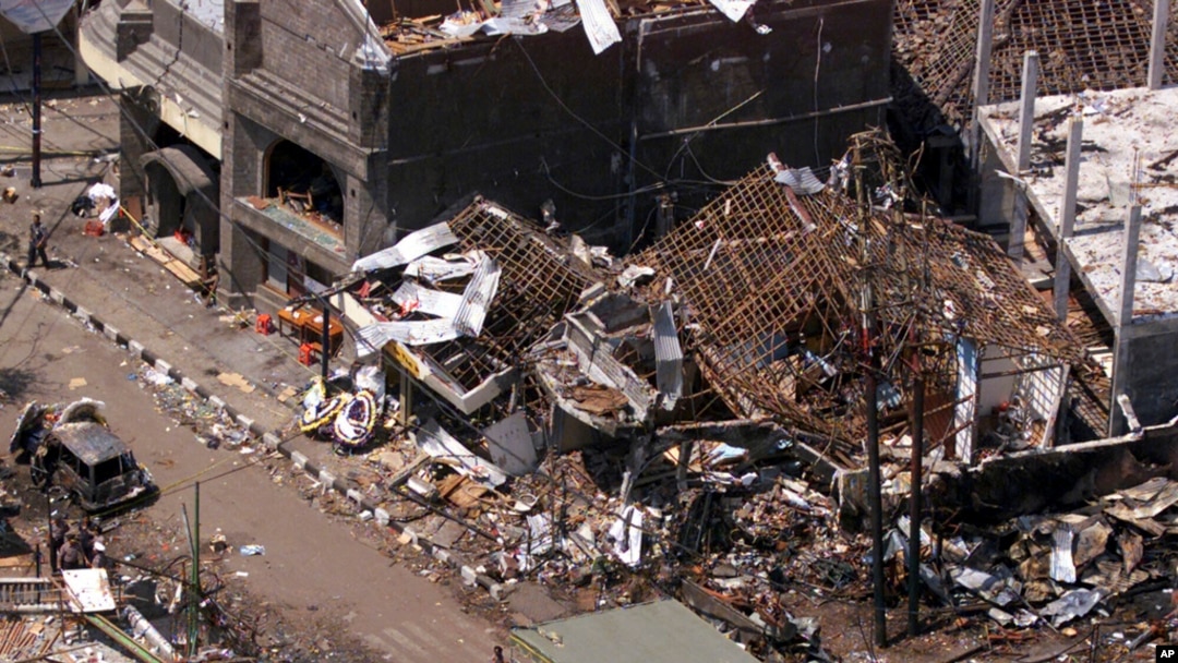 FILE - The wreckage of the Sari night club and surrounding buildings are seen in this aerial view Oct. 15, 2002, in Kuta, Bali.