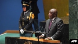 Le président sud-africain Cyril Ramaphosa s'adresse à la 78e Assemblée générale des Nations Unies au siège de l'ONU, le 19 septembre 2023.