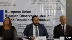 FILE - Fabio Massimo Castaldo (C) Chief Observer of the European Union Observation Mission in Zimbabwe addresses press in Harare, Aug. 25, 2023.