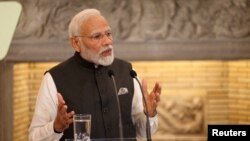 India's Prime Minister Narendra Modi speaks during a joint press conference with Greek Prime Minister Kyriakos Mitsotakis at the Maximos Mansion in Athens, Greece, Aug. 25, 2023.