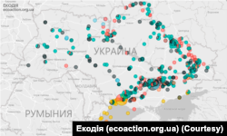Примерная карта инцидентов, связанных с ущербом для окружающей среды в результате российской агрессии. Данные собраны организацией «Экодия» на основе открытых источников.