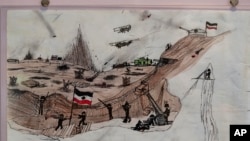 A drawing by Mykola Kostenko is part of the War Diaries exhibition, showcasing the personal diaries of Ukrainian children who have witnessed the war, hosted by the Amsterdam city hall , Netherlands, Thursday, Aug. 17, 2023. (AP Photo/Peter Dejong)