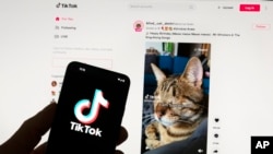 FILE - The TikTok logo is seen on a mobile phone in front of a computer displaying the TikTok home screen, in Boston, Massachusetts, March 18, 2023.
