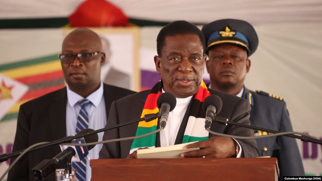President Emmerson Mnangagwa speaks in Harare on March 20, 2024, after accepting 25,000 tons of grain and 23,000 tons of fertilizer donated by Russia.