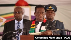 President Emmerson Mnangagwa speaks in Harare on March 20, 2024, after accepting 25,000 tons of grain and 23,000 tons of fertilizer donated by Russia.