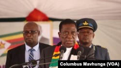 President Emmerson Mnangagwa speaks in Harare on March 20, 2024, after accepting 25,000 tons of grain and 23,000 tons of fertilizer donated by Russia. 