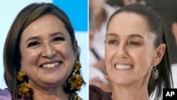 FILE - This combo image shows opposition presidential candidate Xochitl Galvez, left, on July 4, 2023, and presidential frontrunner Claudia Sheinbaum, on May 29, 2024, both in Mexico City.