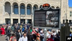 A newly unveiled Mississippi Freedom Trail marker on the boardwalk in front of Boardwalk Hall in Atlantic City, New Jersey, Aug. 20, 2024, commemorates Fannie Lou Hamer.