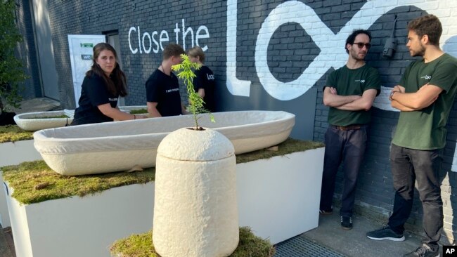 Dutch startup Loop Biotech displays cocoon-like coffins and urns, grown from local mushrooms and up-cycled hemp fibres, designed to dissolve into the environment amid growing demand for more sustainable burial practices, in Delft, May 22, 2023.