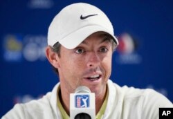 Rory McIlroy speaks to the media about the deal merging the PGA Tour and European tour with Saudi Arabia's golf interests at the Canadian Open golf tournament in Toronto on Wednesday, June 7, 2023. (Nathan Denette/The Canadian Press via AP)