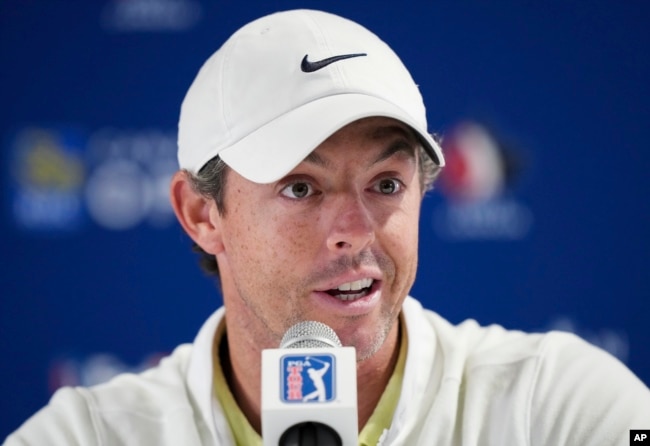 Rory McIlroy speaks to the media about the deal merging the PGA Tour and European tour with Saudi Arabia's golf interests at the Canadian Open golf tournament in Toronto on Wednesday, June 7, 2023. (Nathan Denette/The Canadian Press via AP)