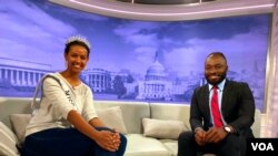VOA's Ignatius Annor pose with Miss Africa USA 2023 Winner Snit Tewoldemedhin before an interview at the headquarters of the Voice of America in Washington on Monday, April 24, 2023. 