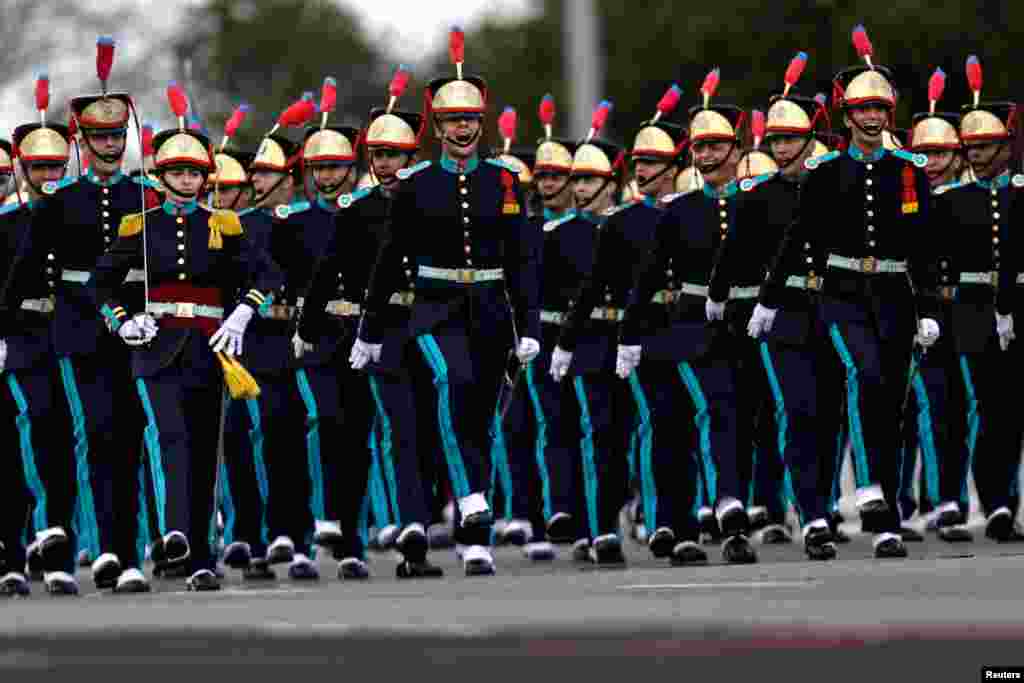 Soldiers of the Brazilian Armed Forces participate in a parade during Army Day celebrations in Brasilia.