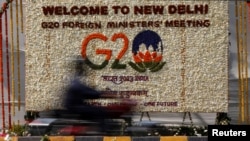新德里街头竖立起用鲜花组成的欢迎20国集团外长前去参会的宣传画。（2023年3月1日）