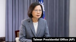 Taiwan's President Tsai Ing-wen speaks about recent Chinese military drills in Taipei, April 11, 2023.