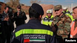 United Arab Emirates Urban Search and Rescue Team gifts rescue equipment to their Syrian counterparts in response to a deadly earthquake, in Jableh, Syria, Feb. 16, 2023.